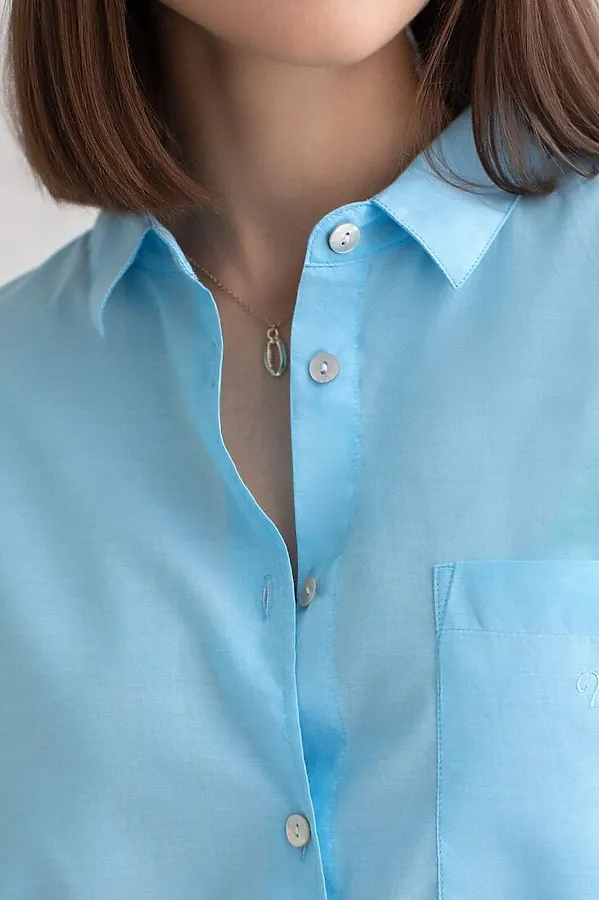 Блузка свободная с карманом из хлопка VILATTE, лазурно-голубой - фото 2