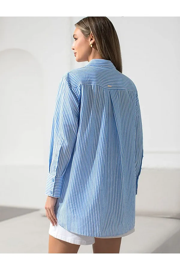 Удлиненная блузка с поясом в тонкую полоску из эластичного хлопка VILATTE, белый-голубой - фото 2
