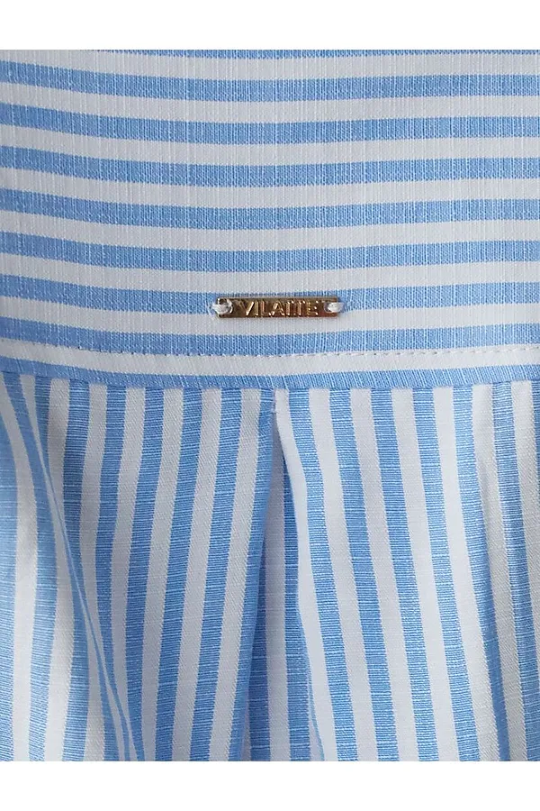 Удлиненная блузка с поясом в тонкую полоску из эластичного хлопка VILATTE, белый-голубой - фото 2