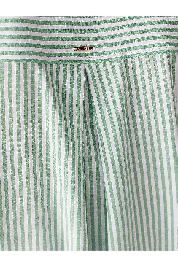 Удлиненная блузка с поясом в тонкую полоску из эластичного хлопка VILATTE, белый-фисташковый - фото 2