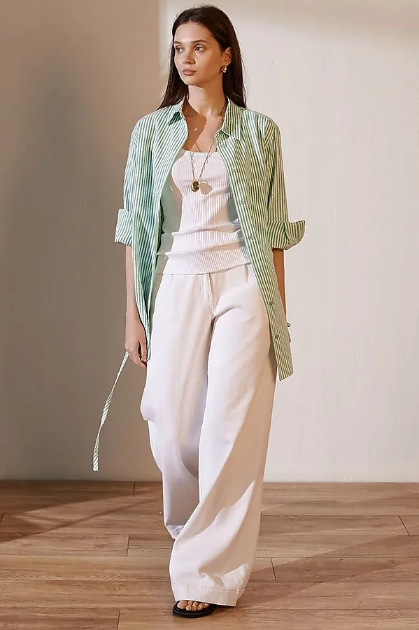 Удлиненная блузка с поясом в тонкую полоску из эластичного хлопка VILATTE, белый-фисташковый - фото 2