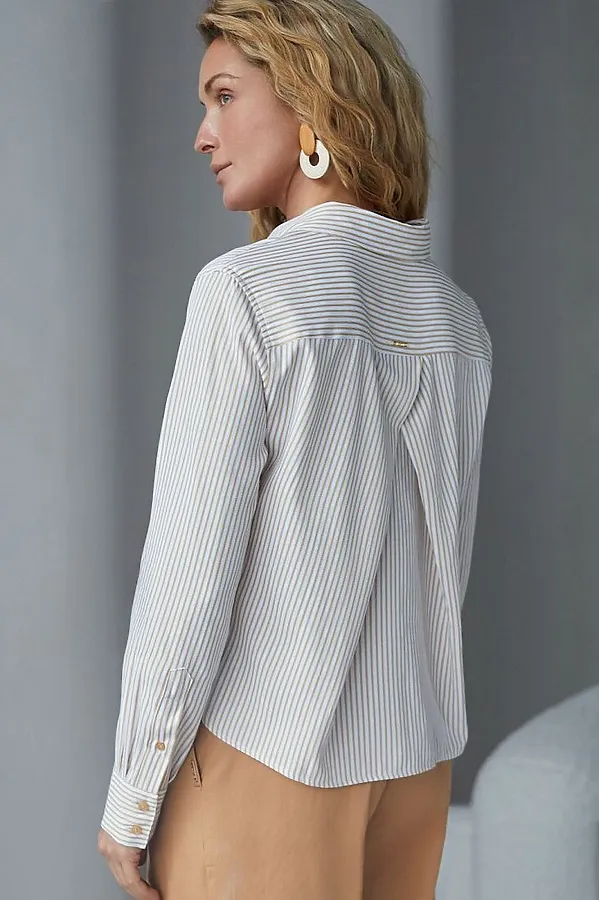 Укороченная блузка в полоску из эластичного хлопка VILATTE, белый-бежевый - фото 2