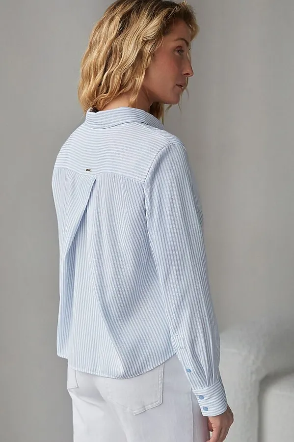 Укороченная блузка в полоску из эластичного хлопка VILATTE, белый-голубой - фото 2