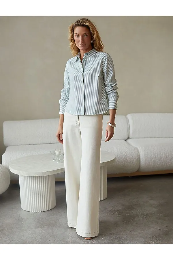 Укороченная блузка в полоску из эластичного хлопка VILATTE, белый-фисташковый - фото 2