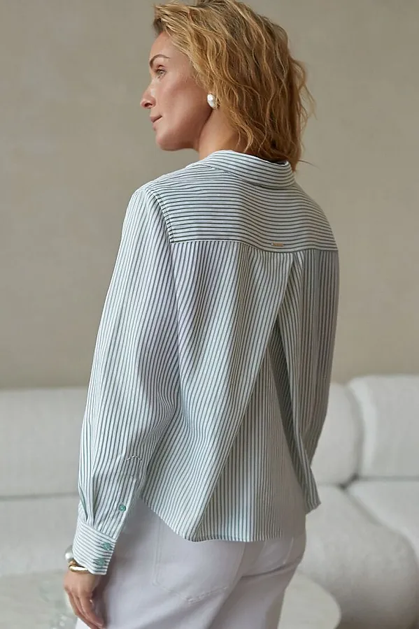 Укороченная блузка в полоску из эластичного хлопка VILATTE, белый-фисташковый - фото 2