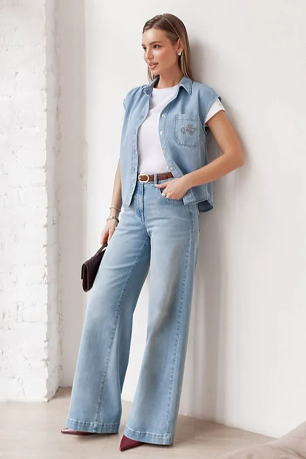 Джинсы трубы прямые с декоративной стиркой из эластичного денима VILATTE, голубой - фото 2