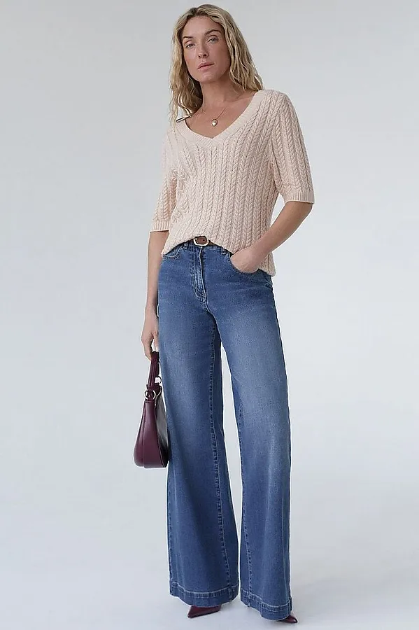 Джинсы трубы прямые с декоративной стиркой из эластичного денима VILATTE, синий - фото 2