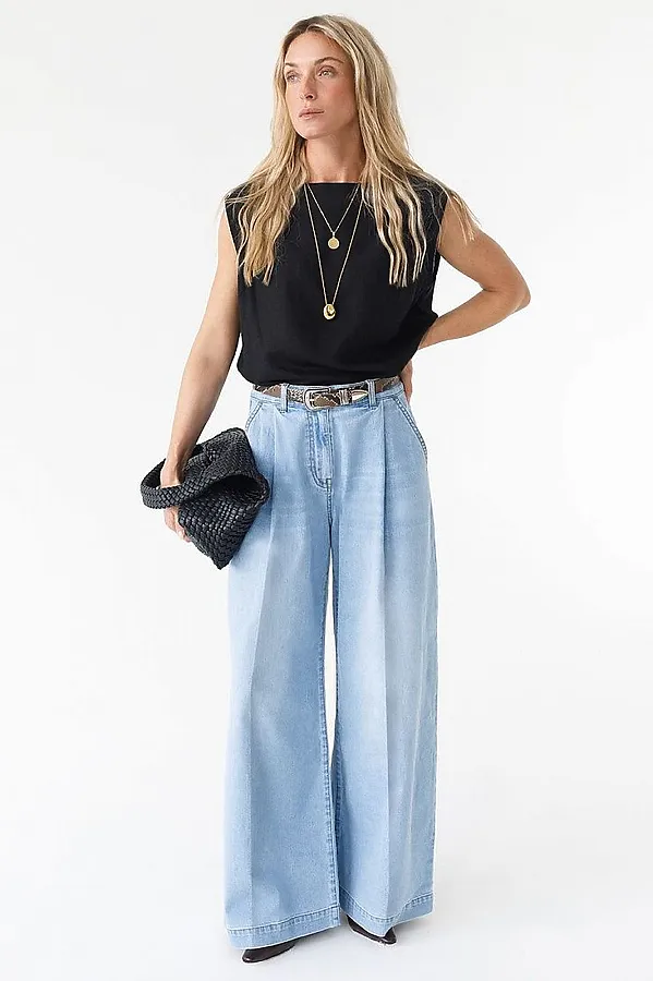 Широкие джинсы с защипами из эластичного денима VILATTE, голубой - фото 2