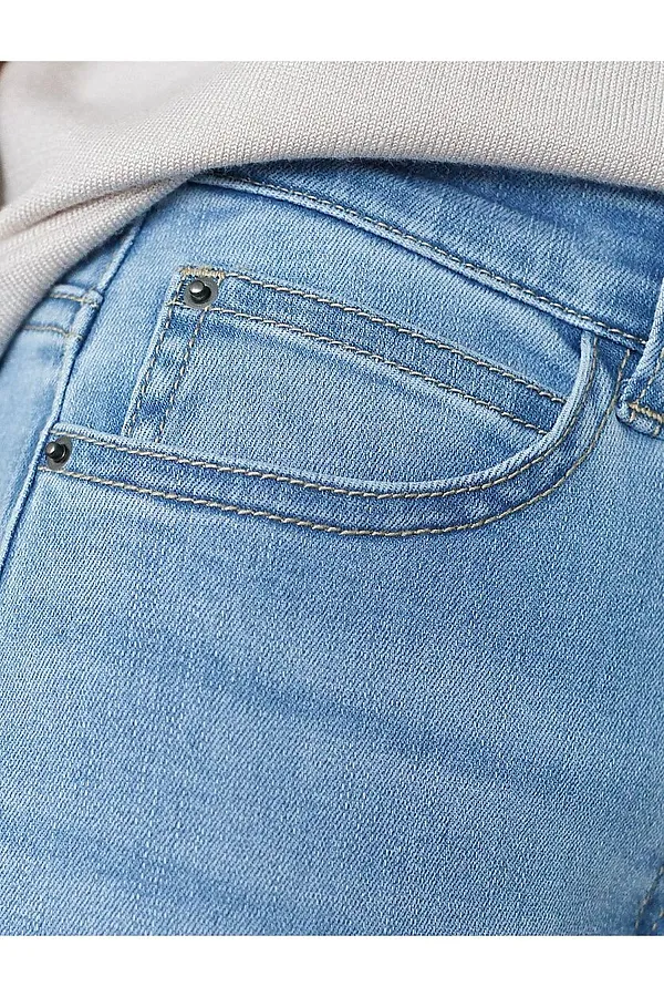 Джинсы трубы с декоративной стиркой из эластичного облегченного денима VILATTE, голубой - фото 2