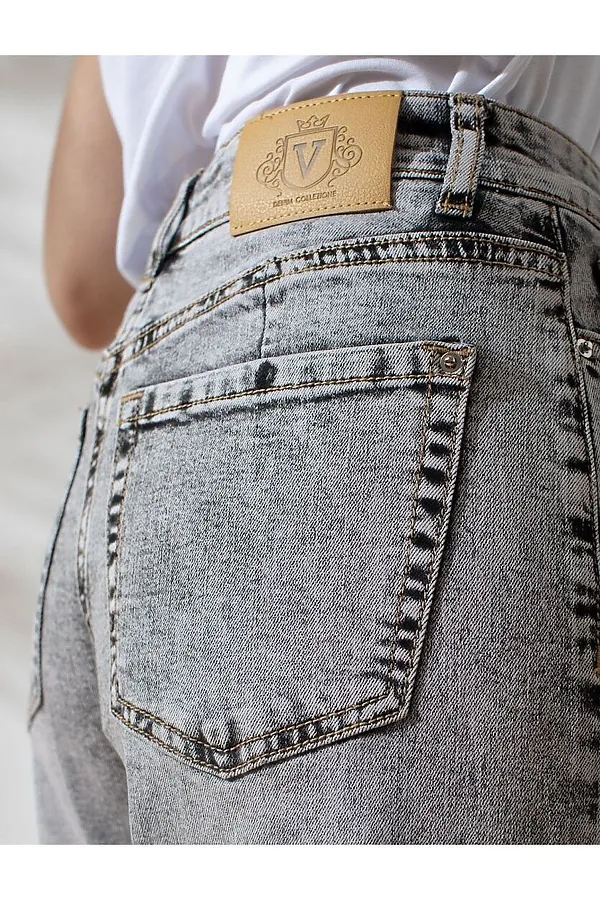 Джинсы трубы с декоративной стиркой из эластичного облегченного денима VILATTE, серый - фото 2
