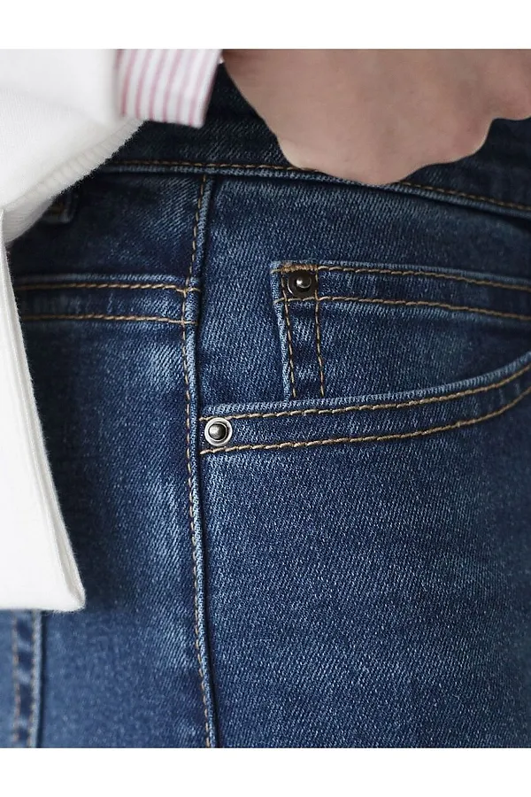 Джинсы трубы с декоративной стиркой из эластичного облегченного денима VILATTE, синий - фото 2