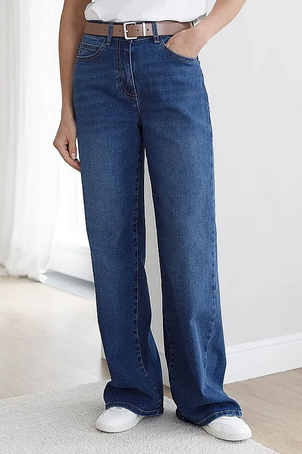 Джинсы трубы с декоративной стиркой из эластичного облегченного денима VILATTE, синий - фото 2