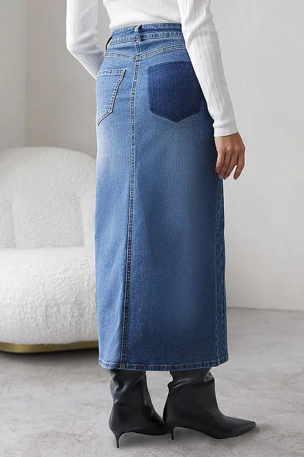 Джинсовая юбка миди с разрезом из эластичного облегченного денима VILATTE, синий - фото 2