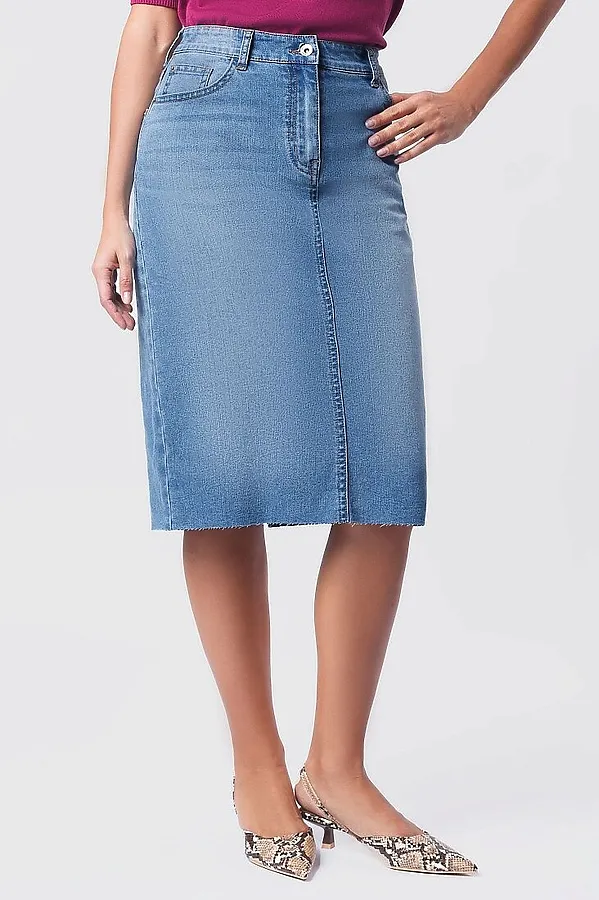 Джинсовая юбка с декоративной стиркой из эластичного облегченного денима VILATTE, синий - фото 2