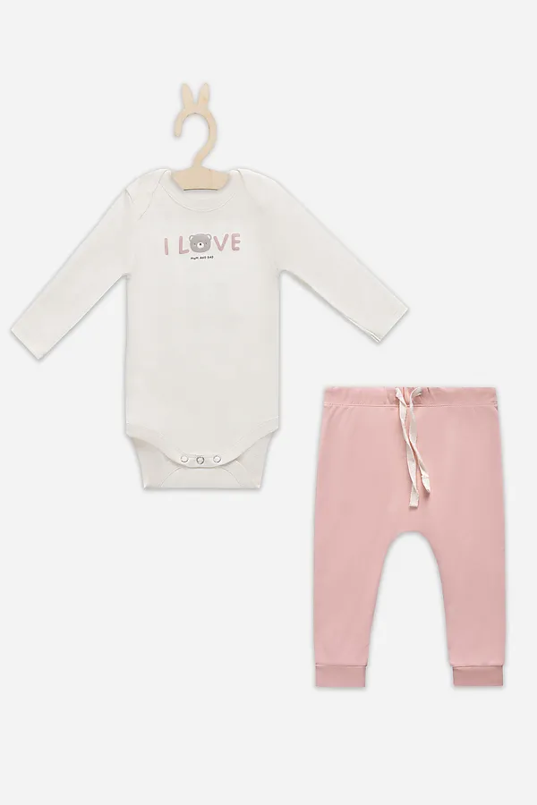 Комплект детский (боди, ползунки) MARK FORMELLE, молочный +серебристо -розовый +печать - фото 2