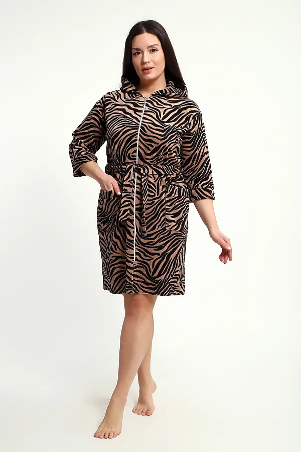 Халат махровый на молнии с капюшоном и накладными карманами НАТАЛИ, тигровая - фото 2