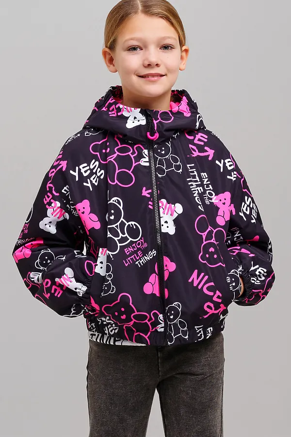 Куртка текстильная с полиуретановым покрытием для девочек (ветровка) PLAYTODAY, черный,фуксия,белый - фото 2