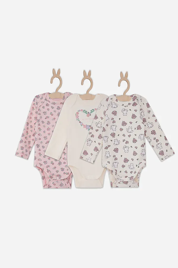 Боди детское (3шт.) MARK FORMELLE, молочный +котики с цветами на молочном +цветочки на розовом - фото 2