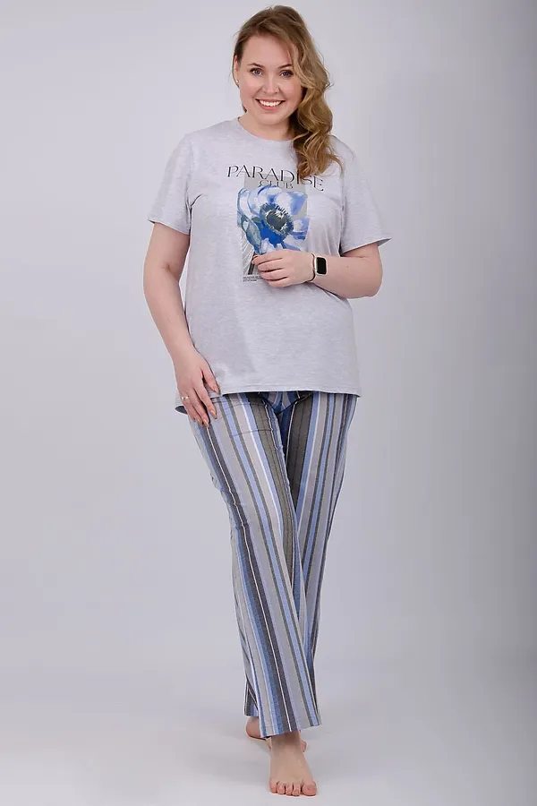 Пижама с брюками Флористика 2 НАТАЛИ, светло-серый - фото 2