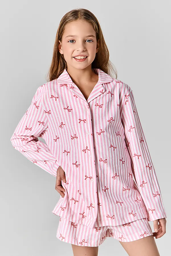 Комплект для девочек (рубашка, шорты) MARK FORMELLE, бантики на розовой полоске - фото 2