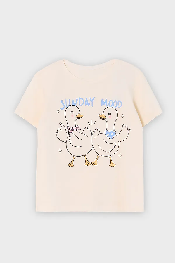 Комплект для девочек (футболка, шорты) MARK FORMELLE, молочный +цветы на голубой полоске - фото 2