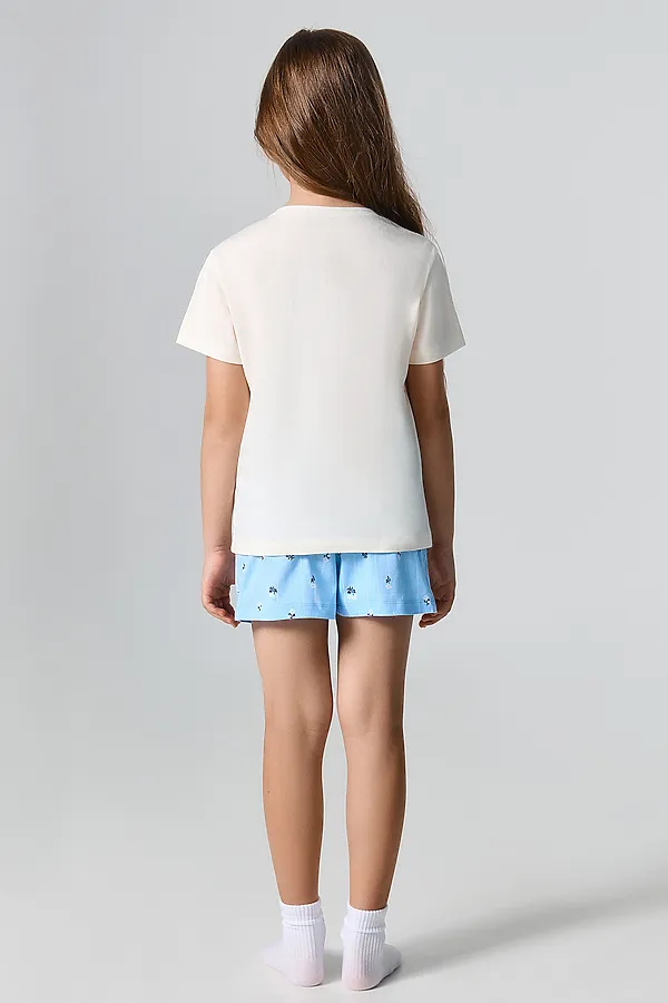 Комплект для девочек (футболка, шорты) MARK FORMELLE, молочный +цветы на голубой полоске - фото 2