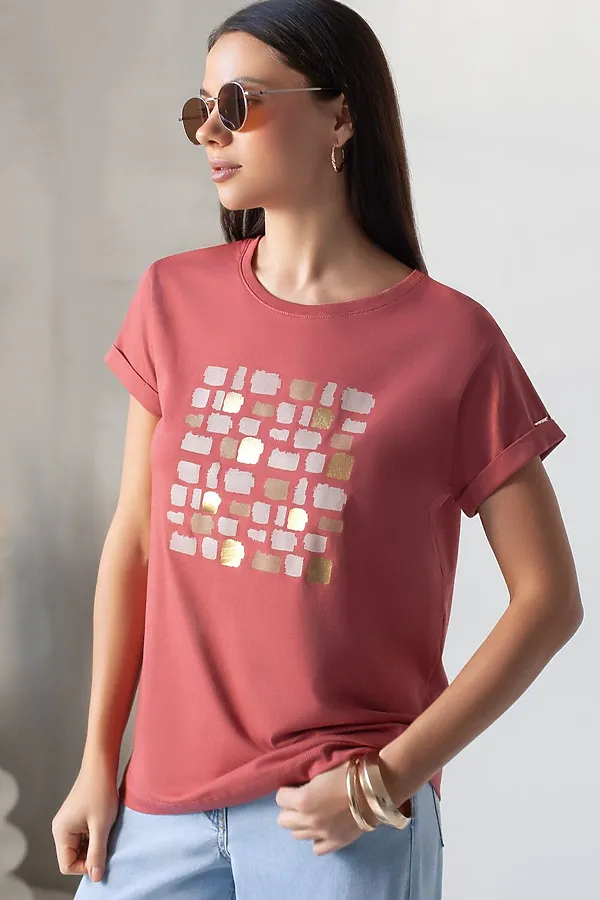 Свободная футболка с принтом из премиального хлопка с эластаном VILATTE, т.коралл_блики - фото 2