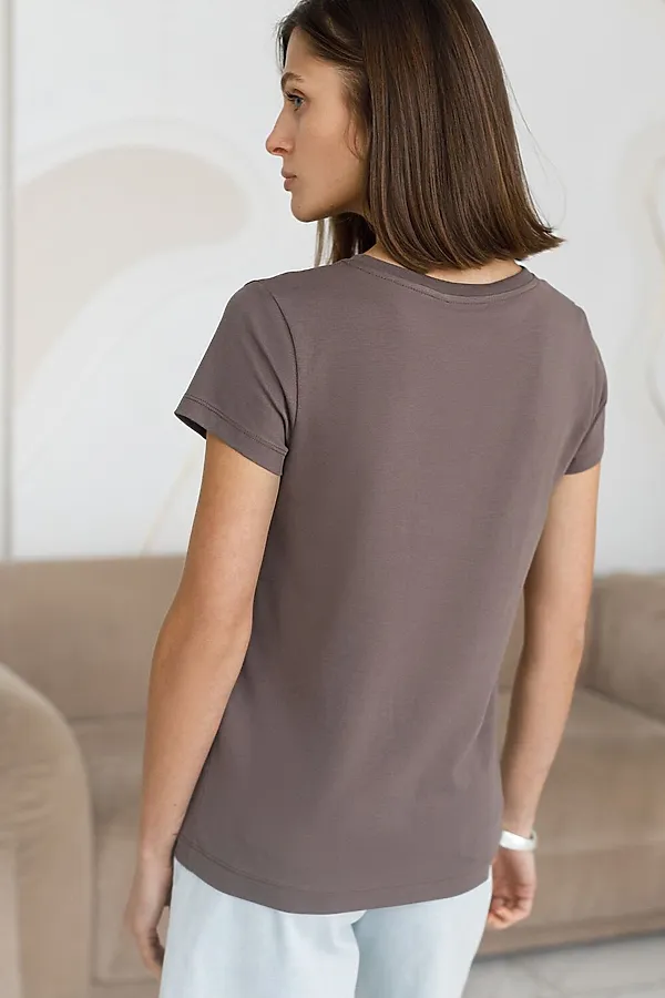 Базовая футболка полуприлегающая из премиального хлопка с эластаном VILATTE, кофе - фото 2