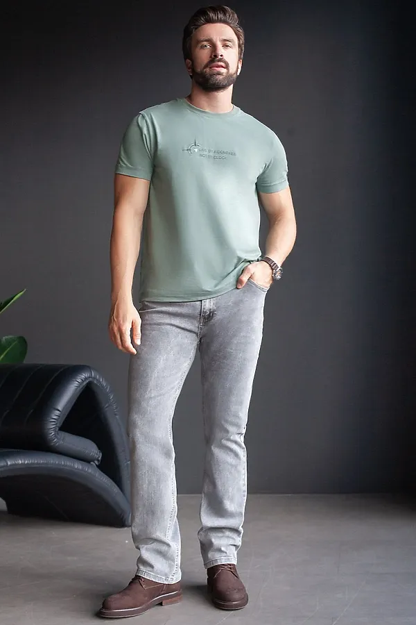 Футболка базовая полуприлегающая из премиального хлопка с принтом VILATTE, св.оливковый_компас - фото 2