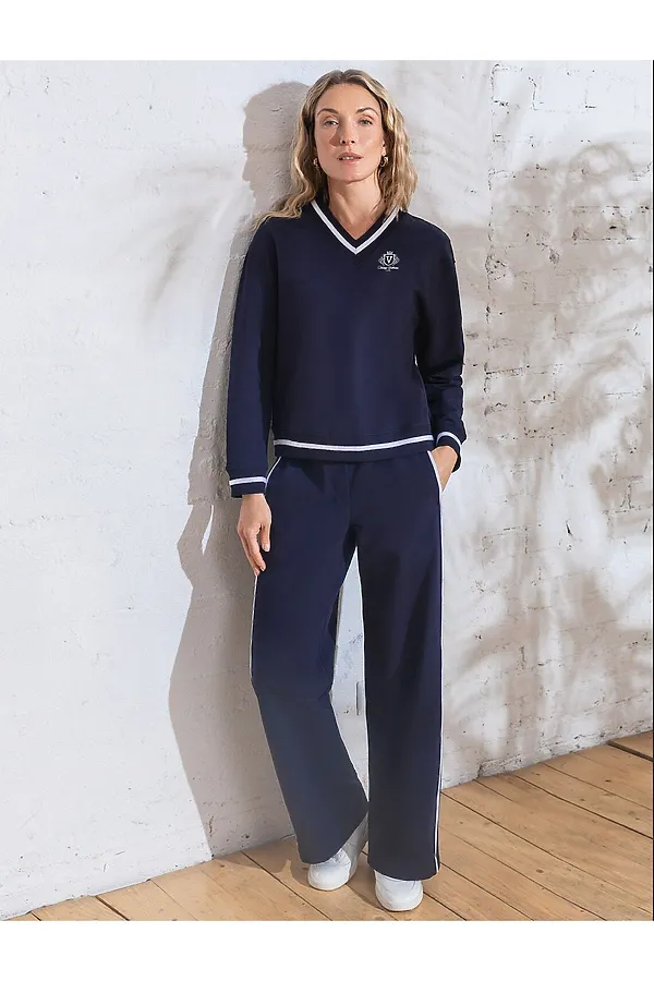 Прямые брюки с лампасами из эластичного футера двухнитки без начеса VILATTE, т.синий - фото 2