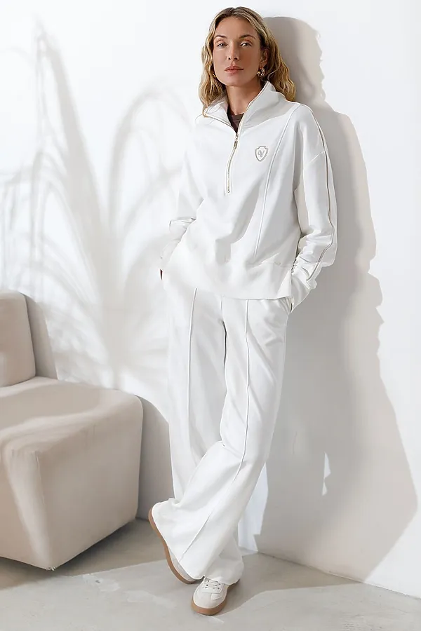 Джемпер с воротом на молнии и лампасами из футера двухнитки с эластаном VILATTE, белый_vilatte - фото 2