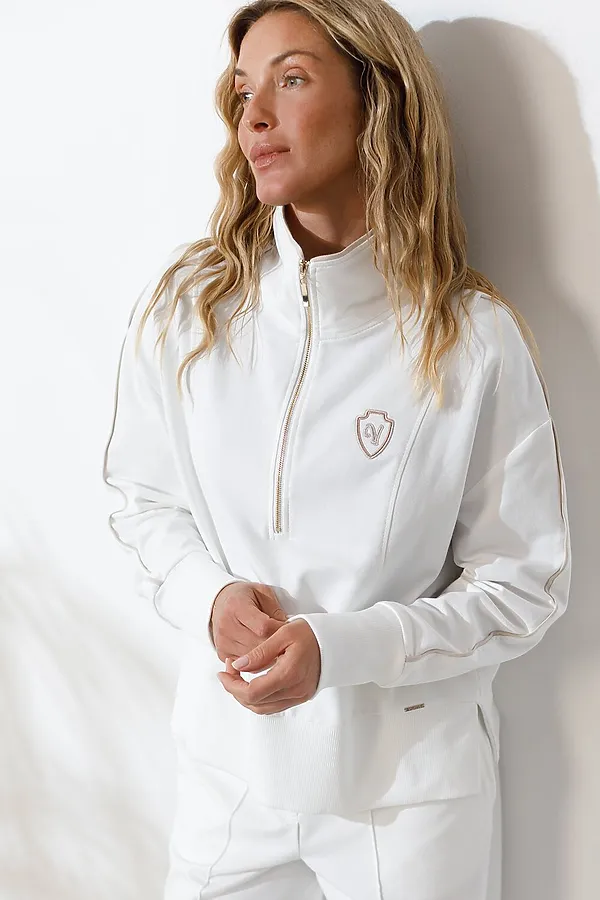 Джемпер с воротом на молнии и лампасами из футера двухнитки с эластаном VILATTE, белый_vilatte - фото 2