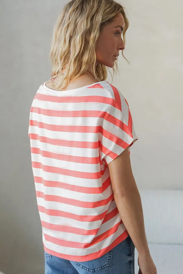Футболка в полоску с V-вырезом и цельнокроеным рукавом из премиального хлопка VILATTE, белый-коралловый - фото 2