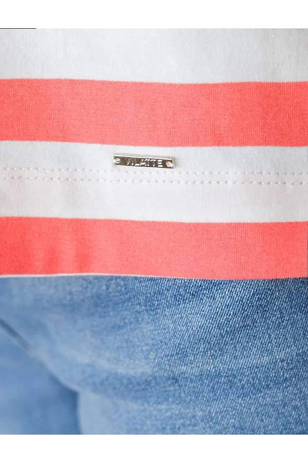 Футболка в полоску с V-вырезом и цельнокроеным рукавом из премиального хлопка VILATTE, белый-коралловый - фото 2