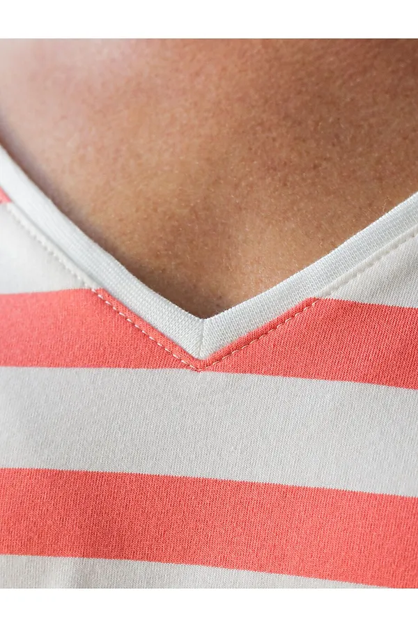 Футболка в полоску с V-вырезом и цельнокроеным рукавом из премиального хлопка VILATTE, белый-коралловый - фото 2