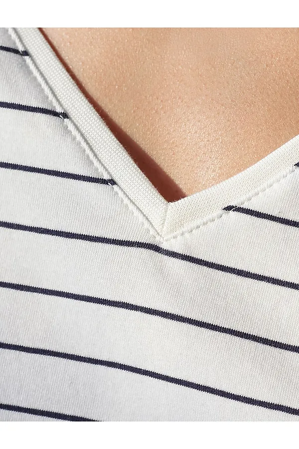 Футболка в полоску с V-вырезом и цельнокроеным рукавом из премиального хлопка VILATTE, белый-синий - фото 2