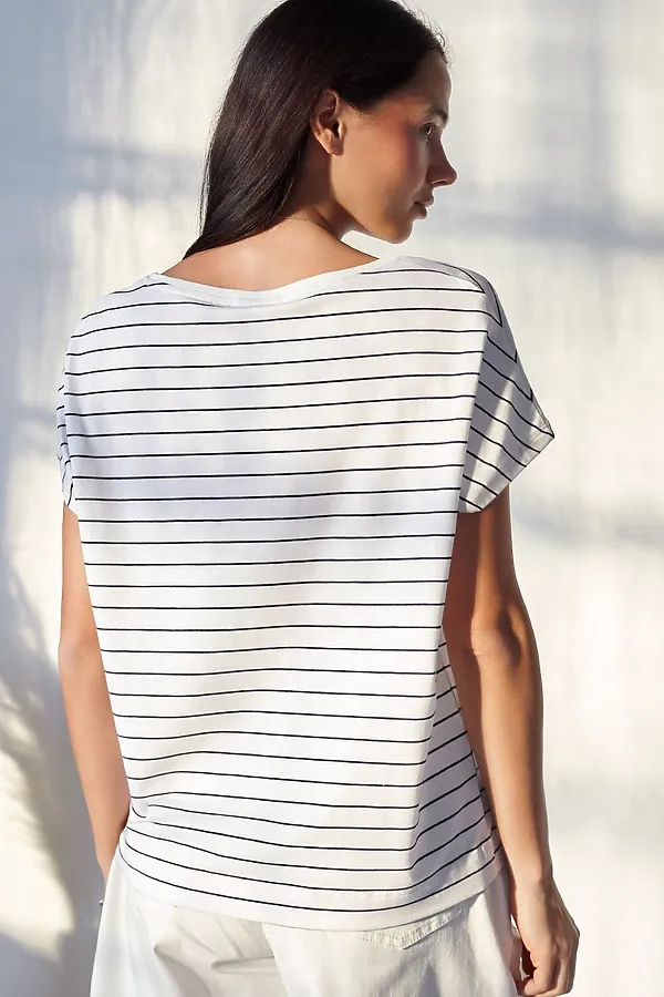 Футболка в полоску с V-вырезом и цельнокроеным рукавом из премиального хлопка VILATTE, белый-синий - фото 2