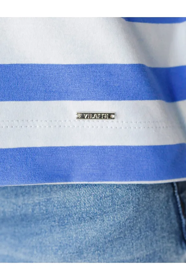 Футболка в полоску с V-вырезом и цельнокроеным рукавом из премиального хлопка VILATTE, василек-белый - фото 2