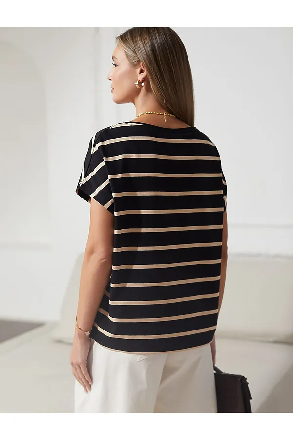 Футболка в полоску с V-вырезом и цельнокроеным рукавом из премиального хлопка VILATTE, черный-бежевый - фото 2