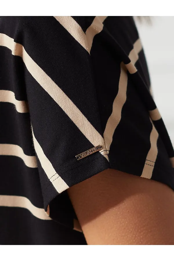 Футболка в полоску с V-вырезом и цельнокроеным рукавом из премиального хлопка VILATTE, черный-бежевый - фото 2