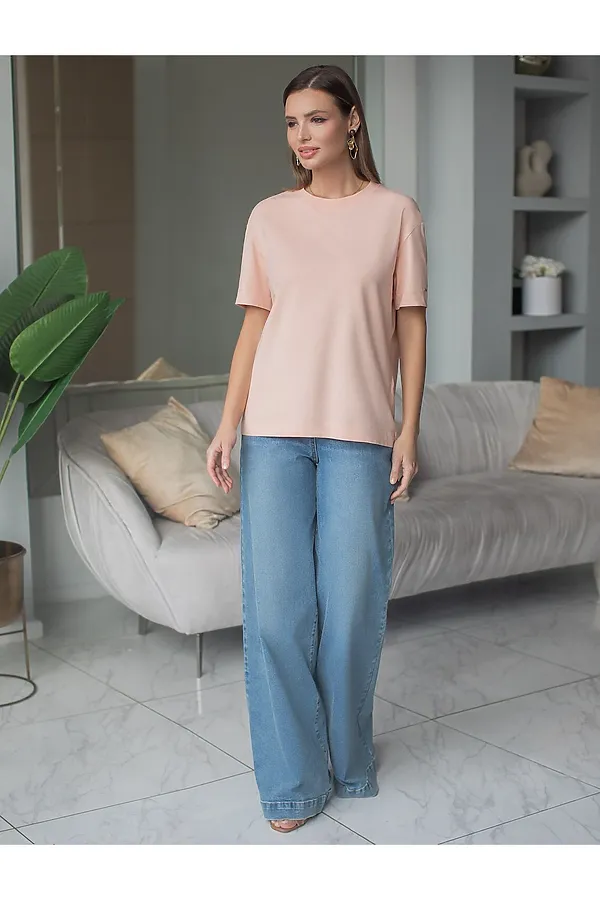 Свободная футболка из премиального хлопка с эластаном VILATTE, пудра - фото 2