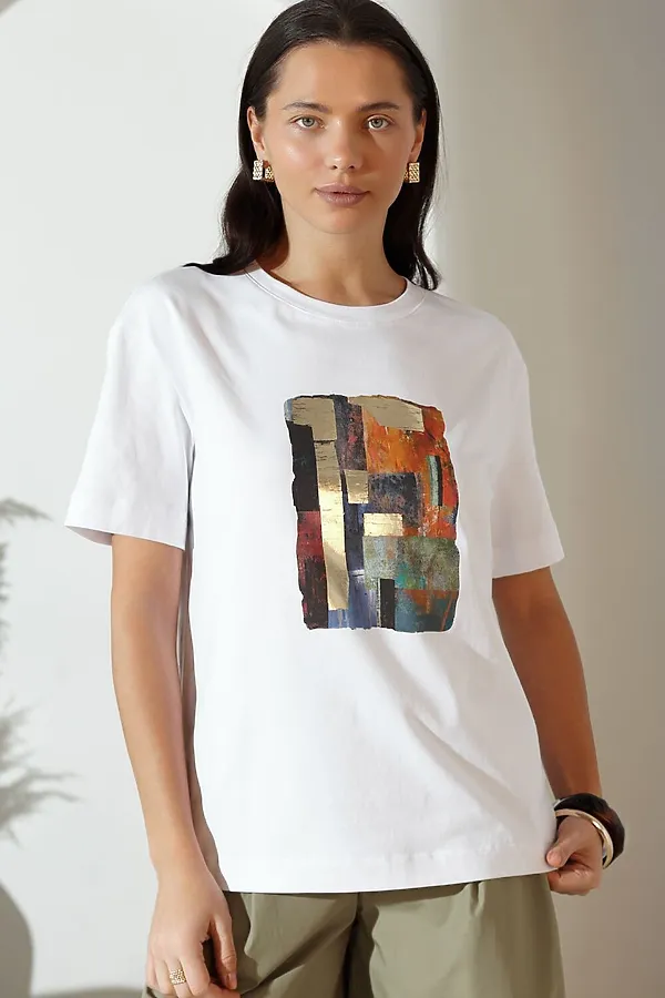 Свободная футболка с принтом из премиального хлопка с эластаном VILATTE, белый_абстракция - фото 2