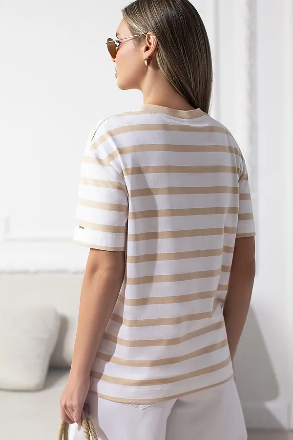 Свободная футболка в широкую полоску из премиального хлопка с эластаном VILATTE, белый-бежевый - фото 2