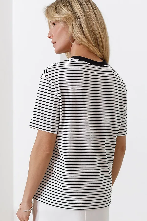 Свободная футболка в черно-белую полоску с принтом из премиального хлопка с эластаном VILATTE, белый-черный_flower_power - фото 2