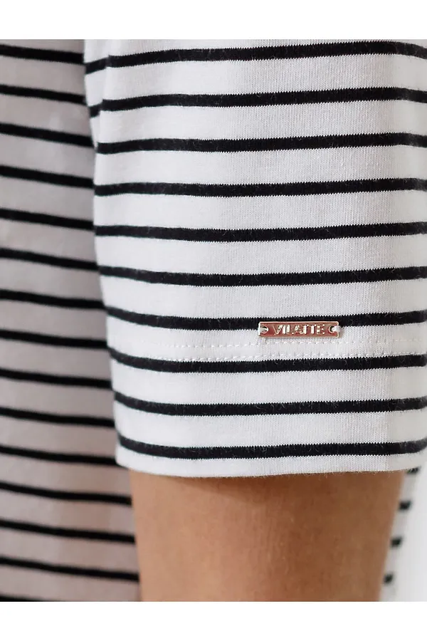 Свободная футболка в черно-белую полоску с принтом из премиального хлопка с эластаном VILATTE, белый-черный_flower_power - фото 2