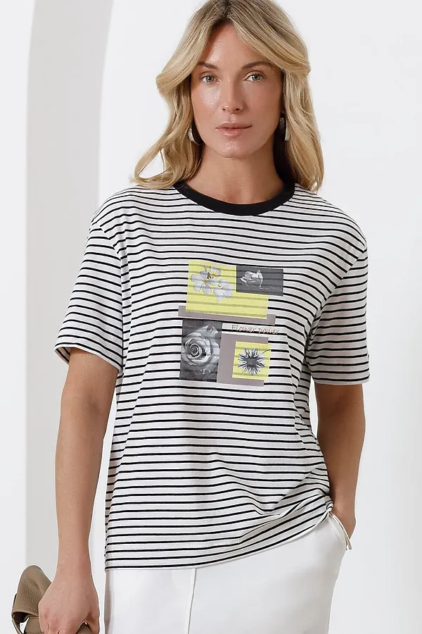 Свободная футболка в черно-белую полоску с принтом из премиального хлопка с эластаном VILATTE, белый-черный_flower_power - фото 2
