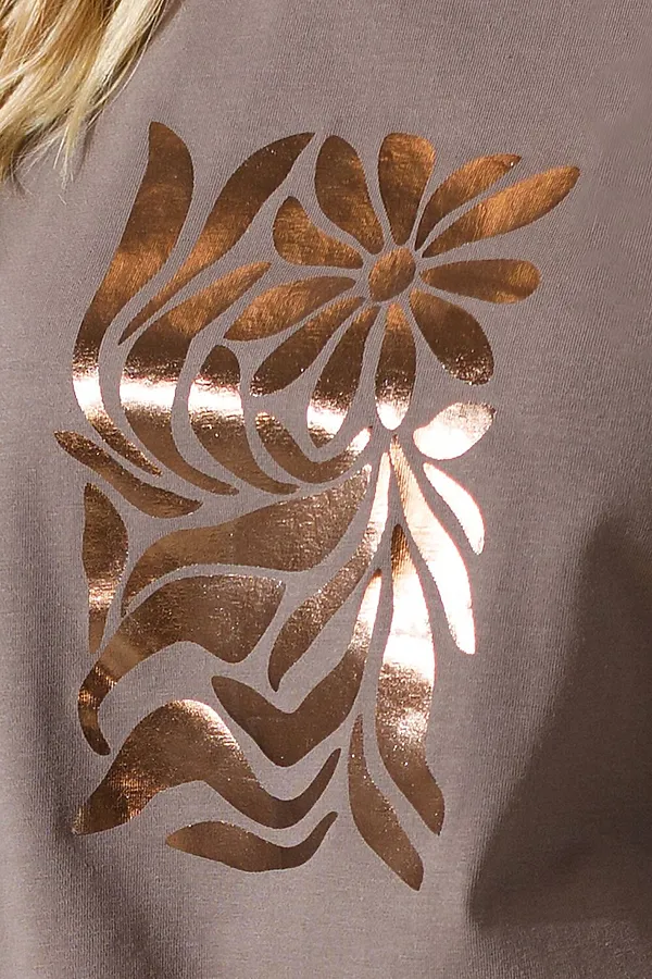Свободная футболка с принтом из премиального хлопка с эластаном VILATTE, кофе_цветок - фото 2