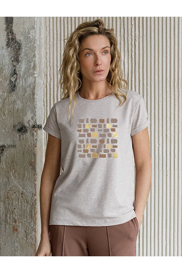 Свободная футболка с принтом из премиального хлопка с эластаном VILATTE, кофейный меланж_блики - фото 2