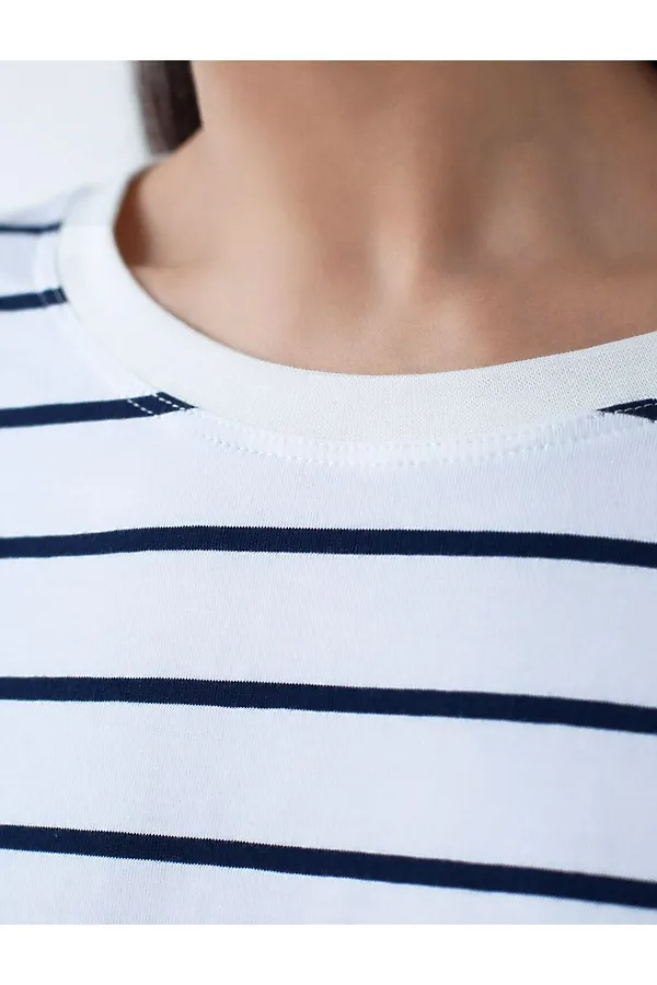 Лонгслив в полоску из премиального хлопка с эластаном VILATTE, белый-т.синий - фото 2