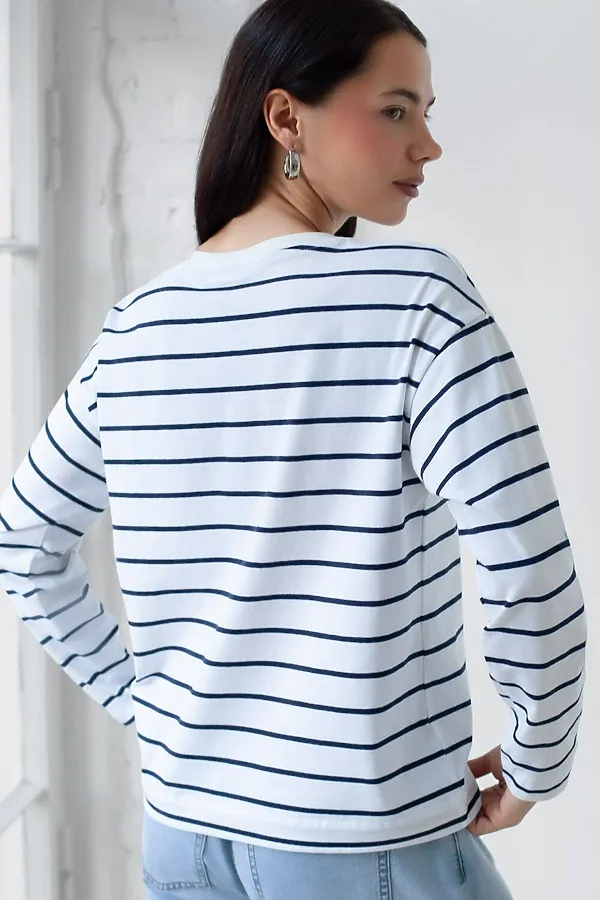Лонгслив в полоску из премиального хлопка с эластаном VILATTE, белый-т.синий - фото 2